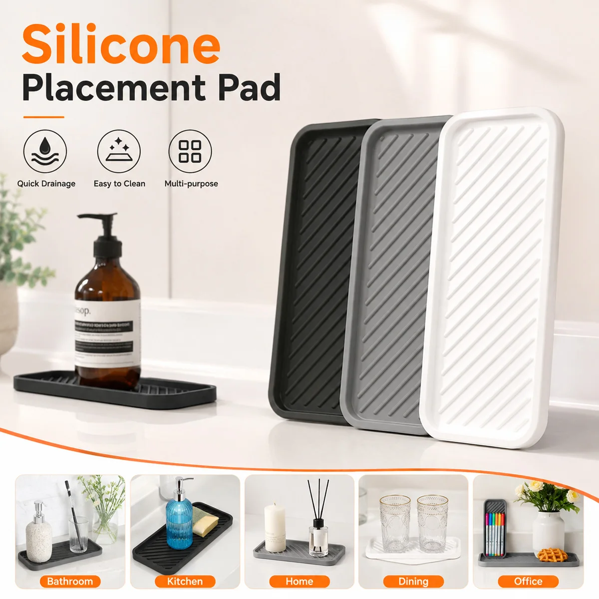 YONGRUN Silicone Drain Mat Nonslip Sink Tray Waterproof Countertop Organizer Heat Resistant Kitchen BathroomSoap Holder Tray Pad