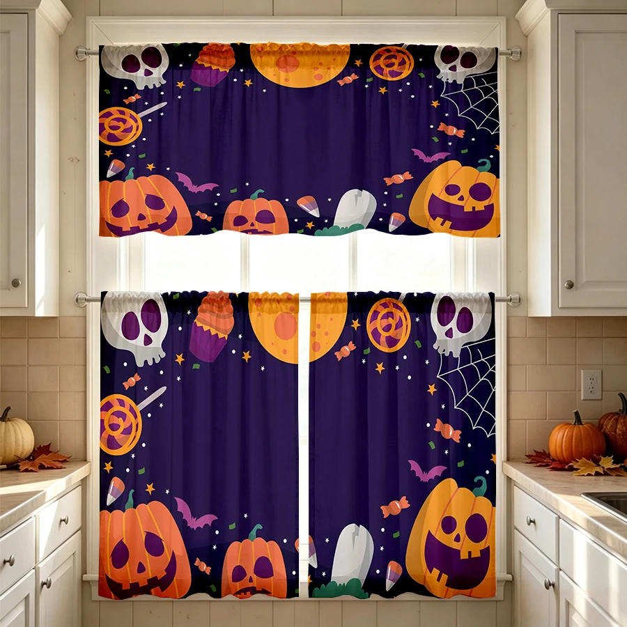 Halloween Fall Kitchen Curtains, Moon Skull Pumpkin Candy, Digital Print, Kitchen Dining Room, Rod Pocket Polyester, Home Decor