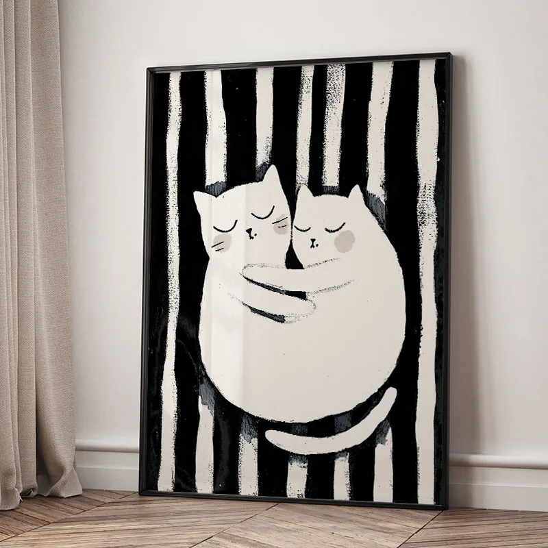 Black Striped Girl Cat Chair Wine Wall Art Canvas Painting Abstract Posters Prints Hotel Bar for Living Room Office Wall Decor
