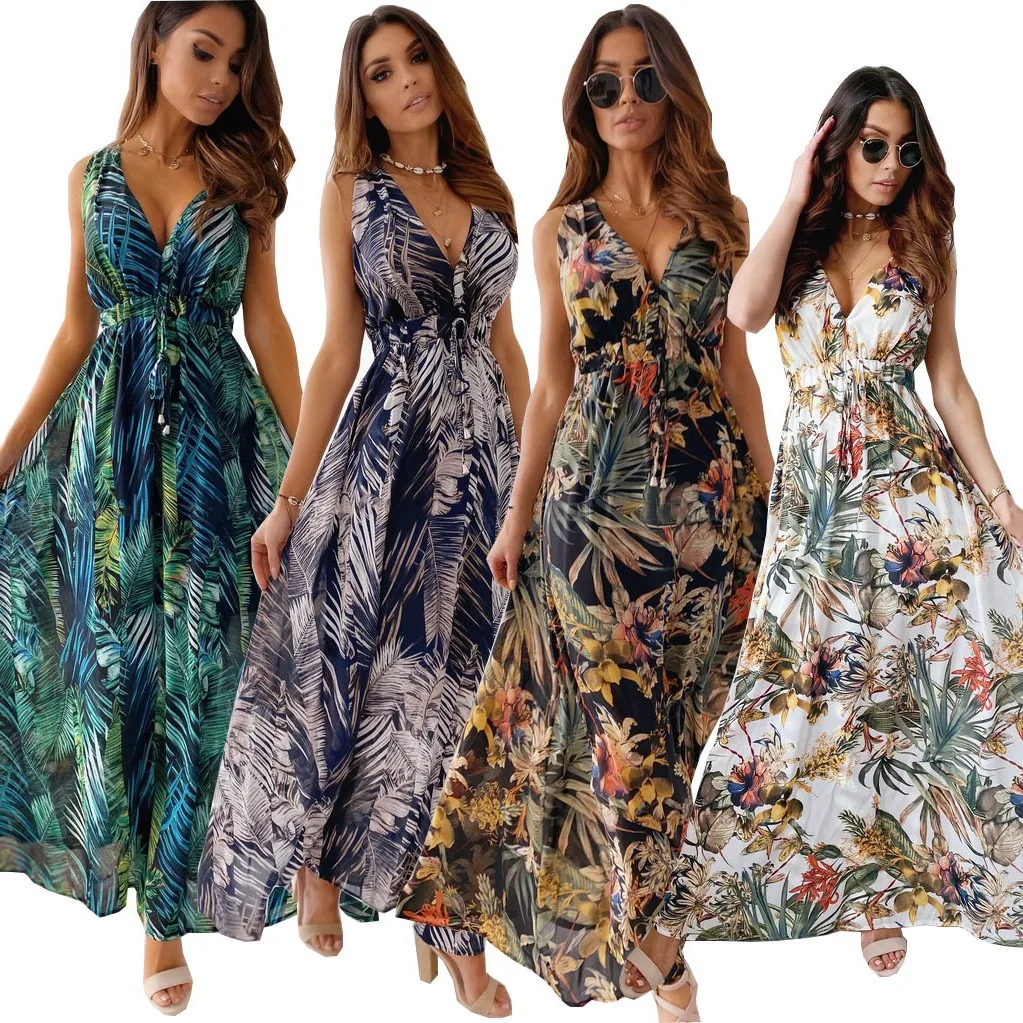 2025 vestido largo bohemio holgado con estampado Floral de plumas para mujer, vestido veraniego con escote en V profundo y espalda descubierta, ropa de playa