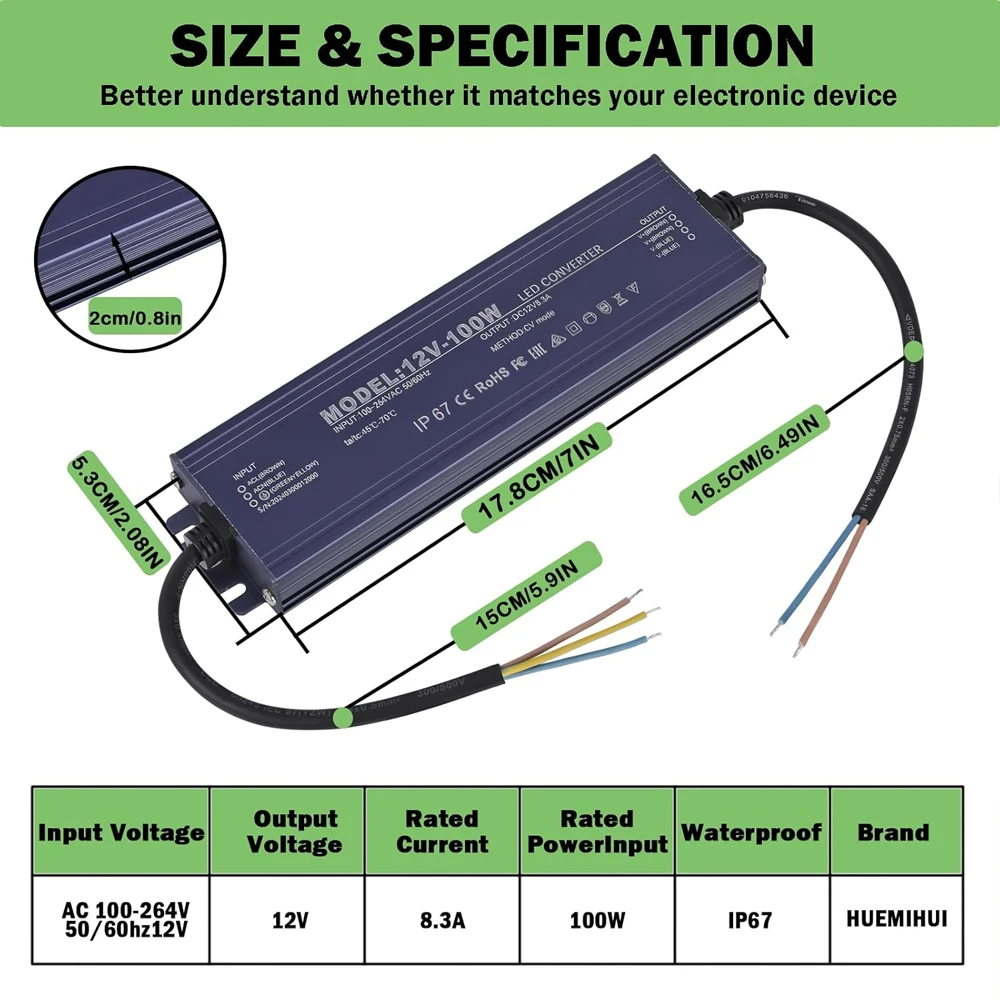 Switching Power Supply AC 170V-265V to DC 12V 24V 36W 200W 400W 500W Outdoor LED Light Transformer IP67 Waterproof