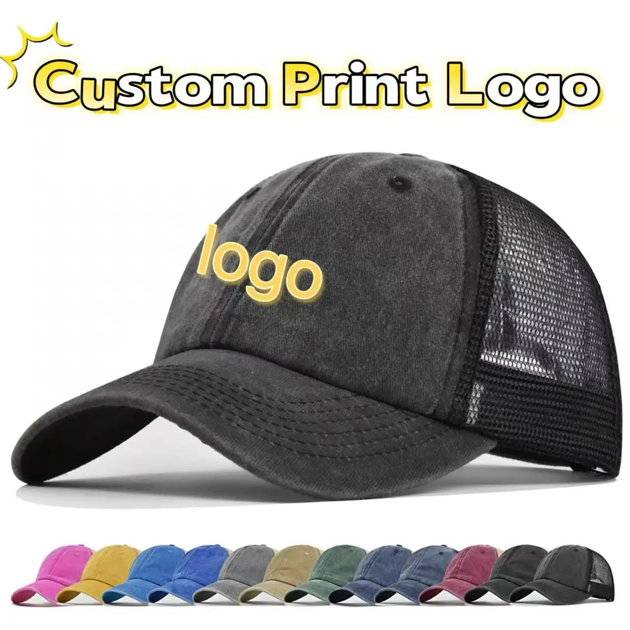 Customized Printed Logo Washed Soft Top Mesh Hat Men Outdoor Sport Sunshade Duck Tongue Cap Women Fashion Versatile Baseball Hat