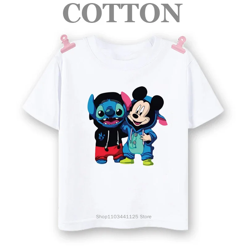 Disney Stitch and Mickey Mouse Cotton T Shirt for Children Children\'s Kids Boys T-shirts Summer 2024 Fashion Round Neck Casual