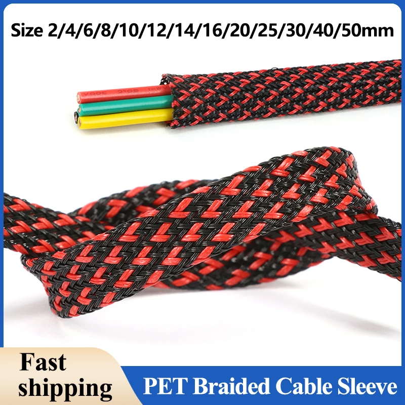 Black-Red PET Braided Cable Sleeve 2/4/6/8/10/12/14/16 ~ 50mm Expandable High Density Insulated Line Protection Wire Wrap Sheath