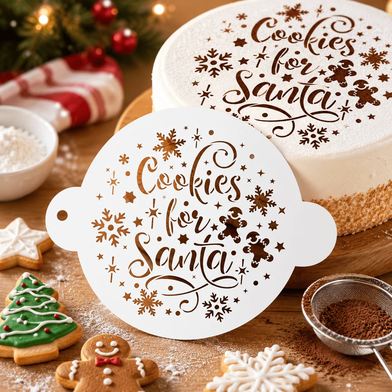 Cookies for Santa Round Stencil Reusable Plastic Cake Top Template Xmas Baking Dusting Decor Tool