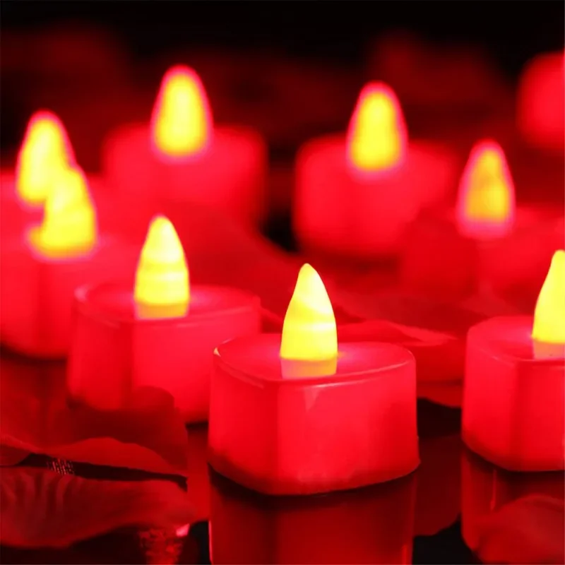 12Pcs Romantic Flameless LED Candles Valentine's Day Heart Shape Battery Powered Red Shell Birthday Party Wedding Lights Decor