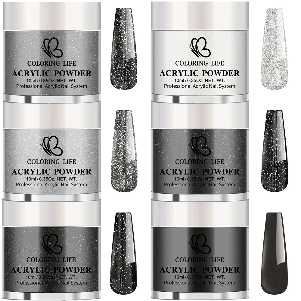 6 زجاجة غمس مسحوق الاكريليك مسحوق تراجع مسحوق الأظافر مجموعة أسود + أبيض بريق بوليمر لتمديد الأظافر غمس الحنين الصباغ
