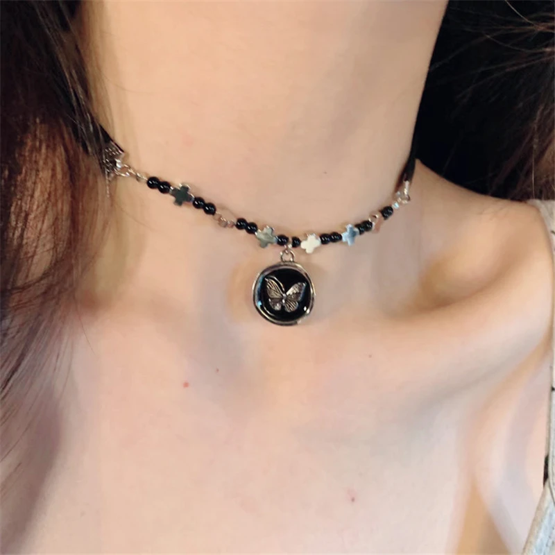 فراشة المختنق اللؤلؤ القوس معدن كريستال زهرة مطرز قلادة للنساء الشرير الجمالية 2000s EMO الجرونج مجوهرات اكسسوارات #4