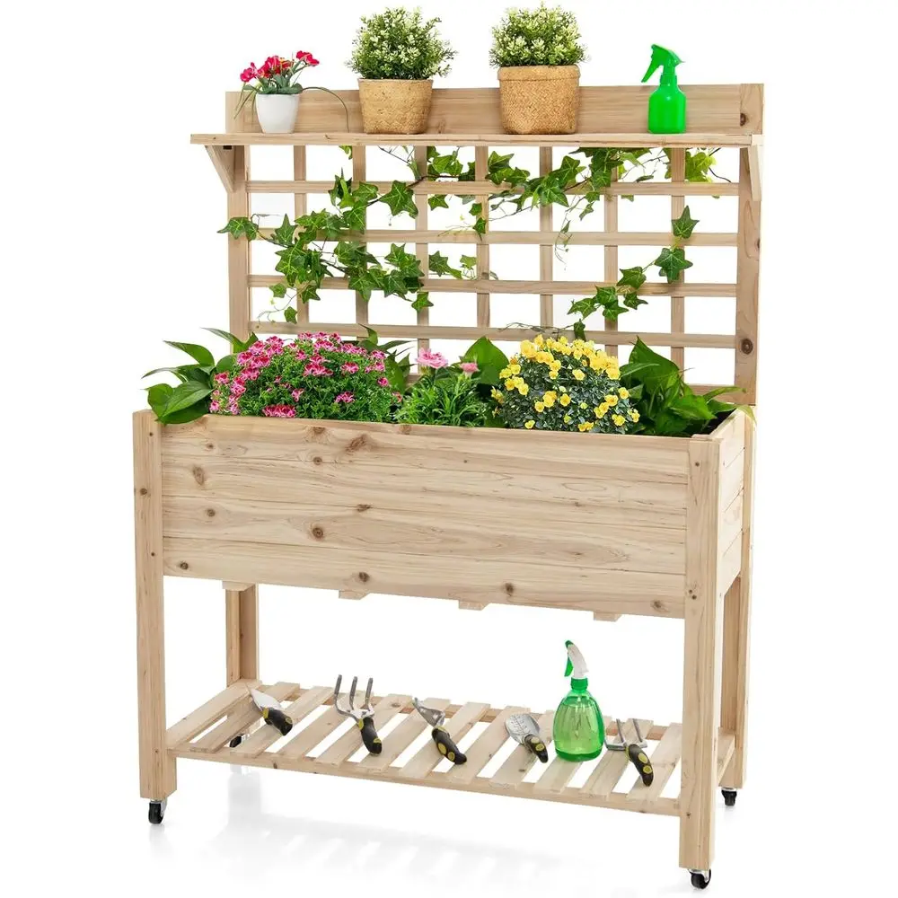 

Приподнятая грядка с решеткой, мобильная высокая кашпо-ящица, 41.5x16x54 дюйма, с вкладышем для грядки, полками для хранения, деревянной подставкой для патио и балкона