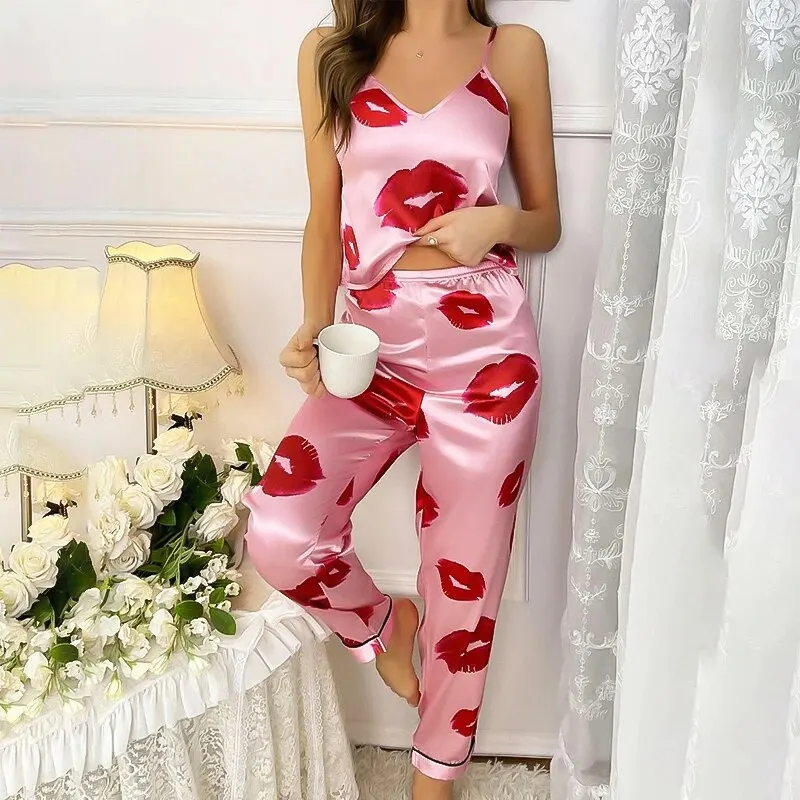 

Sexy Satin 2Pcs Pajama Set With Lip Print V-Neck Pink Cami Top and Elastic Pants For Women Nightdress Summer Sleepwear Loungwear