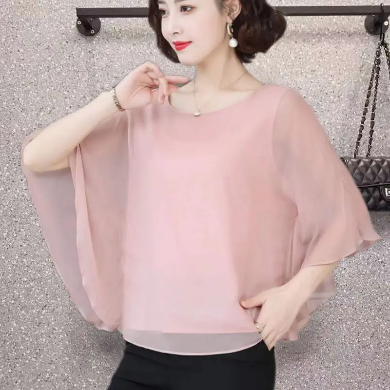 

Net Yarn Solid Color Spring Simplicity Women Bat Sleeve Loose T-shirt 2024 Summer Large Size Elegant Chiffon All-match Tops