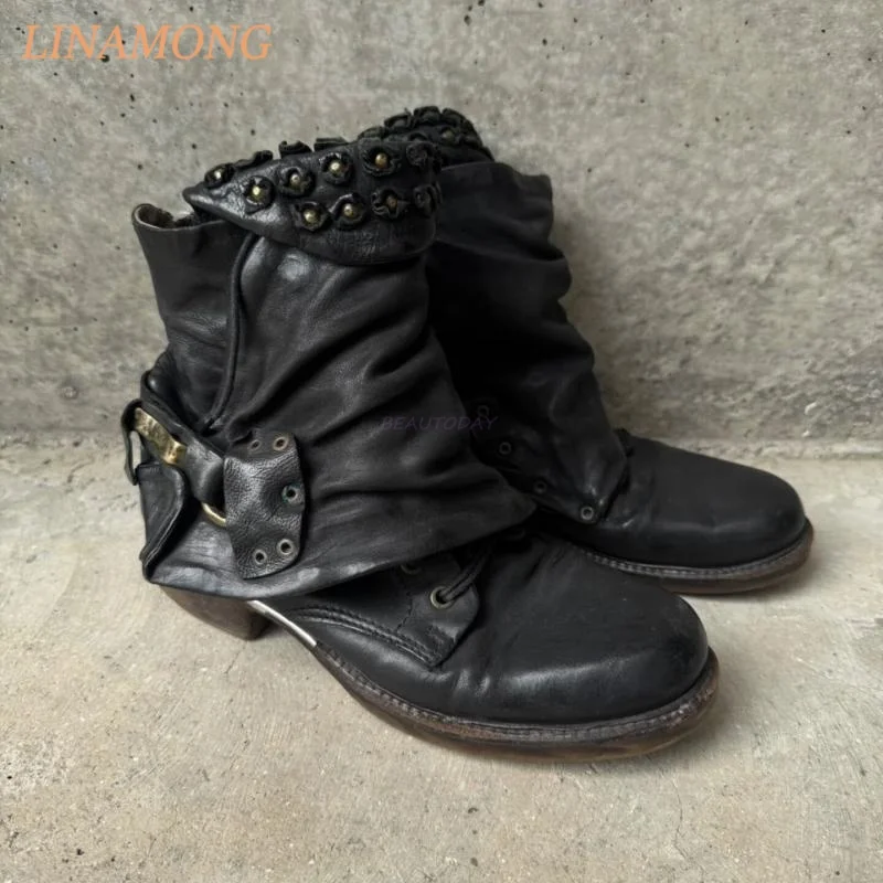 Vintage Slouch Ruched Leather Ankle Boots Stud Embellish Buckle Fasten Lace Up Round Toe Block Low Heel Street Daily Casual boot