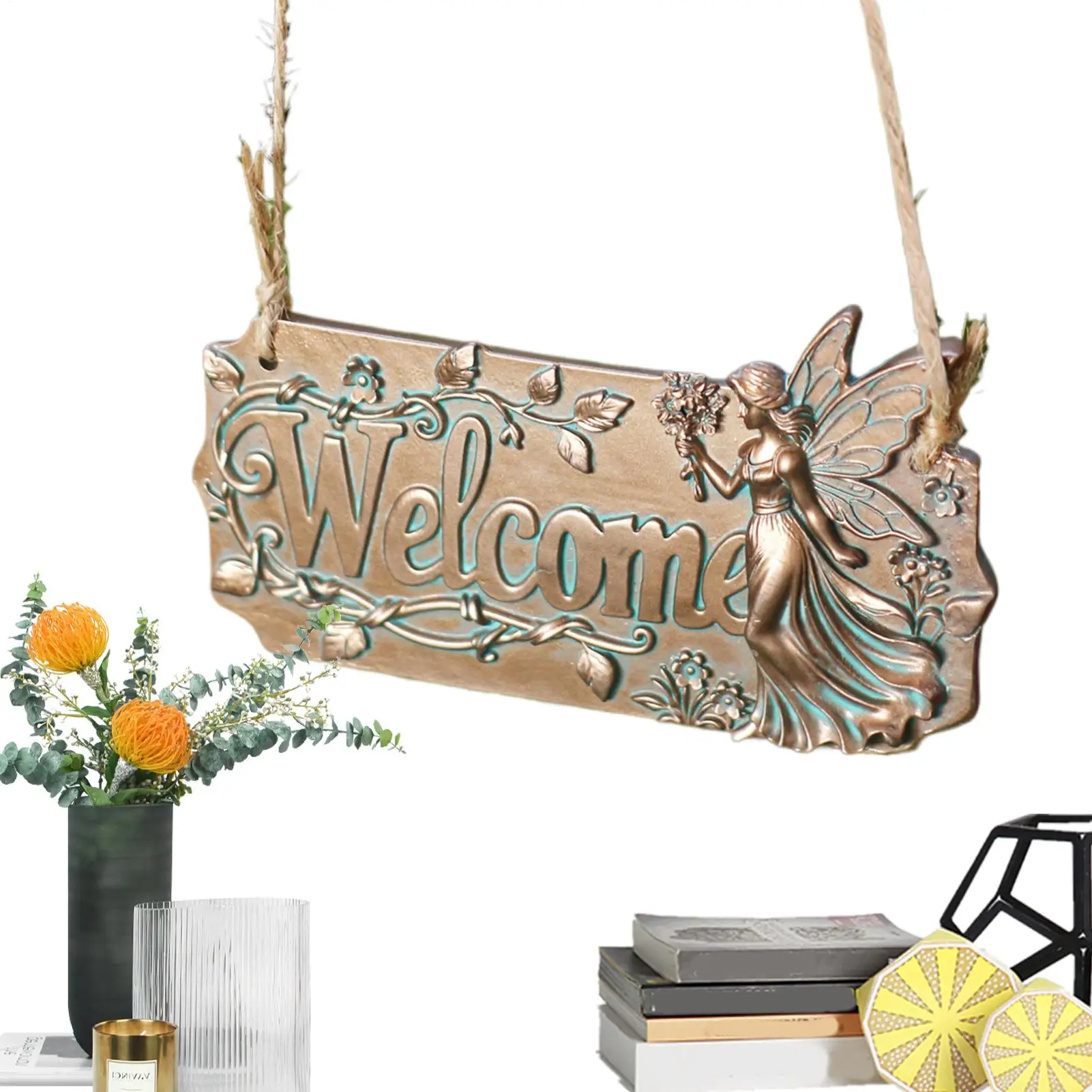 6-inch Vintage Fairy Welcome Sign Hangable Resin Fairy Wall Decor Front Door Sign Decorative For Home Outdoor Garden Yard Party