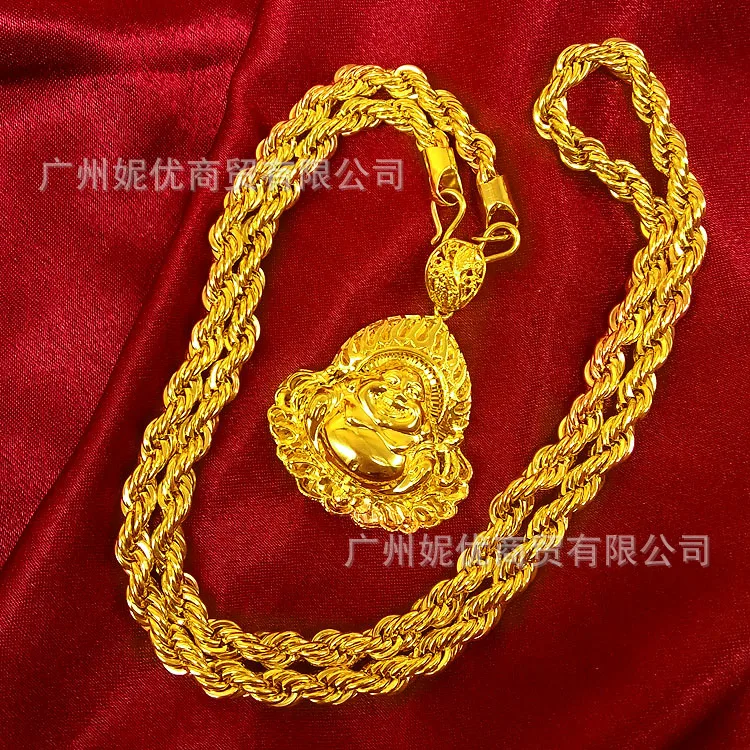 9999  fashion accessory 24K real gold men's safe Guanyin hemp rope necklace