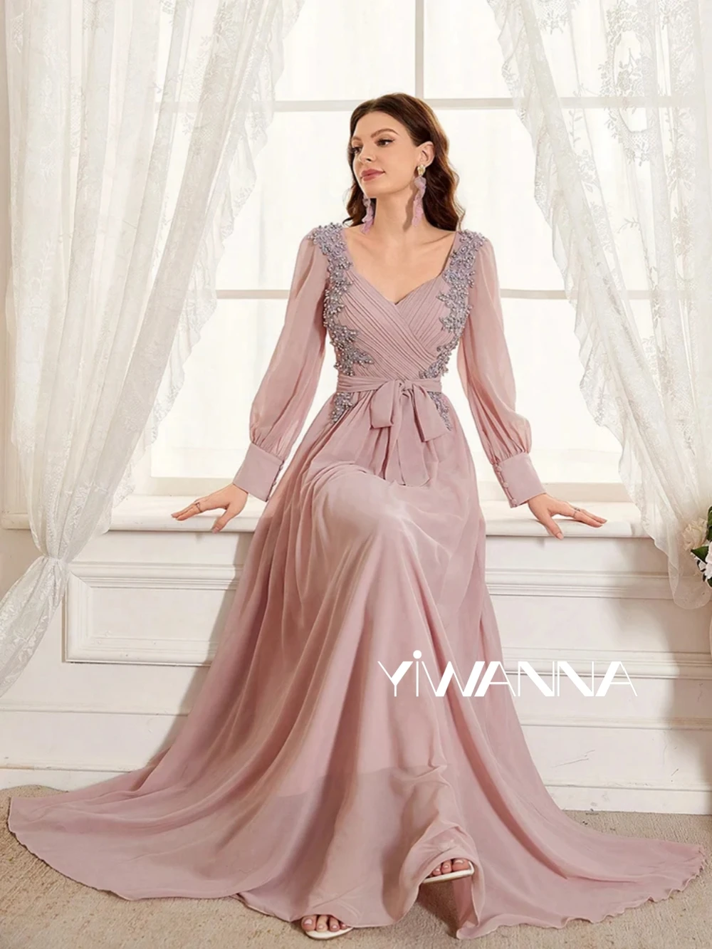 Glitter Pearl Applique Mother Of The Bride Dress Customized Comfortable Chiffon Floor-length Evening Dresses Wedding Guest Party