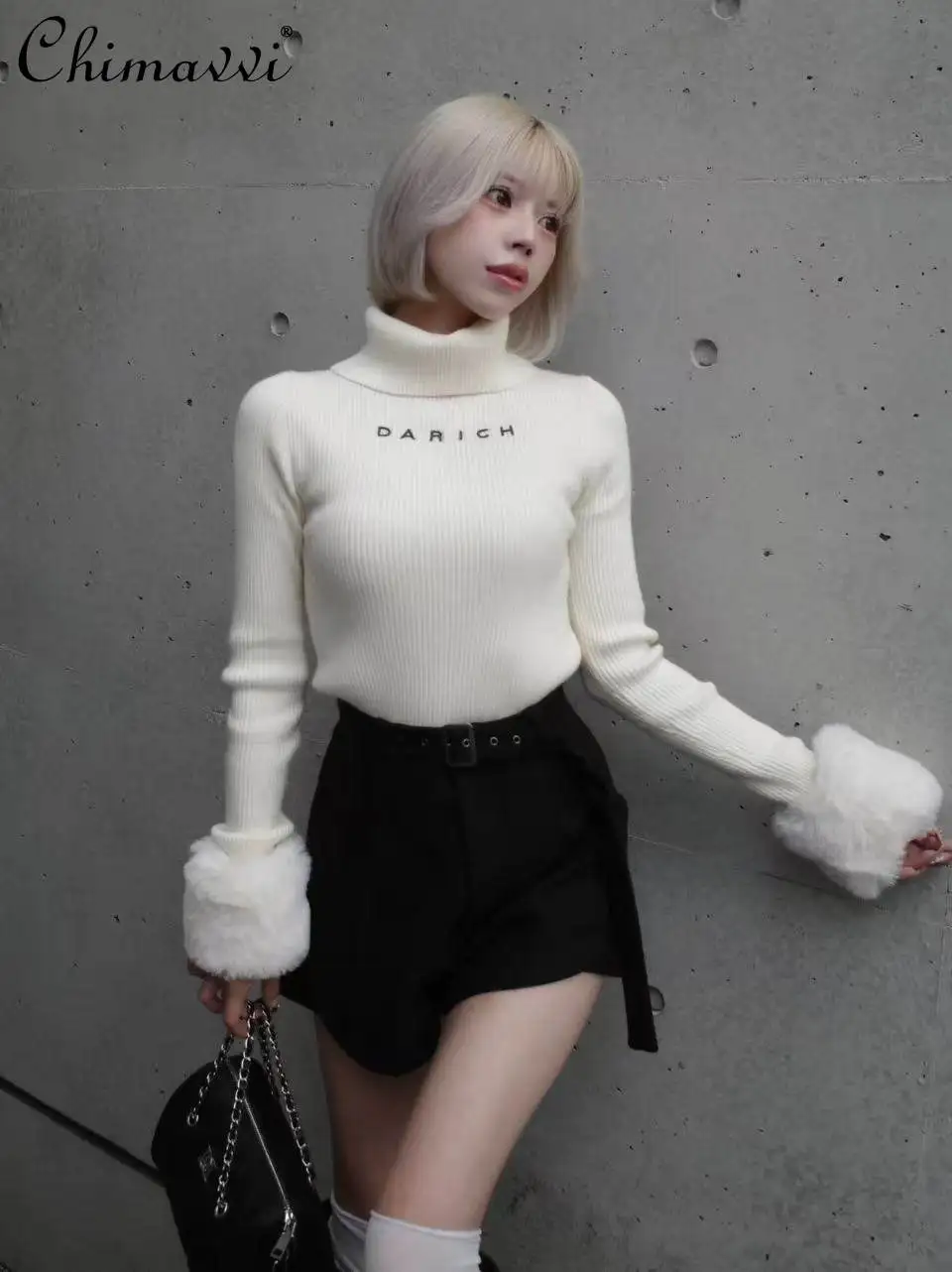 

Осенне-зимний новый японский модный свитер с высоким воротом, облегающий, элегантный, вязаный в рубчик, для женщин, со съемными меховыми манжетами