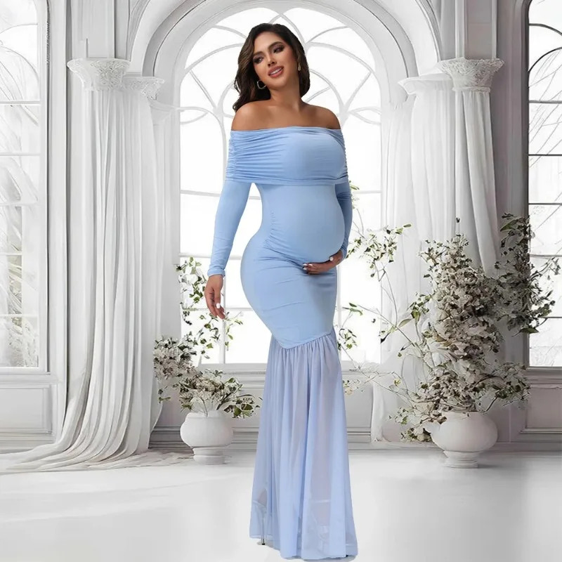 Umstandskleider für Fotoshooting, schulterfrei, mit Schlitzen, Fischschwanzsaum, Babyparty-Kleidung für schwangere Frauen, Abendparty, elegantes Kleid