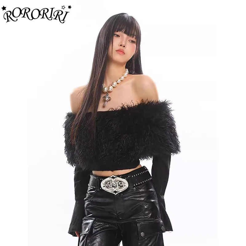 RORORIRI Solid Fuzzy One-shoulder Top Women Vintage Patchwork Faux Fur Ripped Hole Flare Sleeves Knit T-shirt Grayu Y2k Clothes