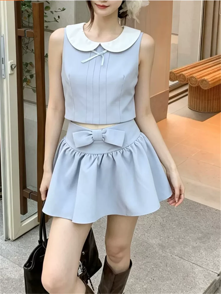New Summer Sweet Girl Baby Blue 2 Pieces Sets Sleeveless Short Doll Shirt Tank Top&Bow Mini A Line Skirt Cute 2pc Dress Suits