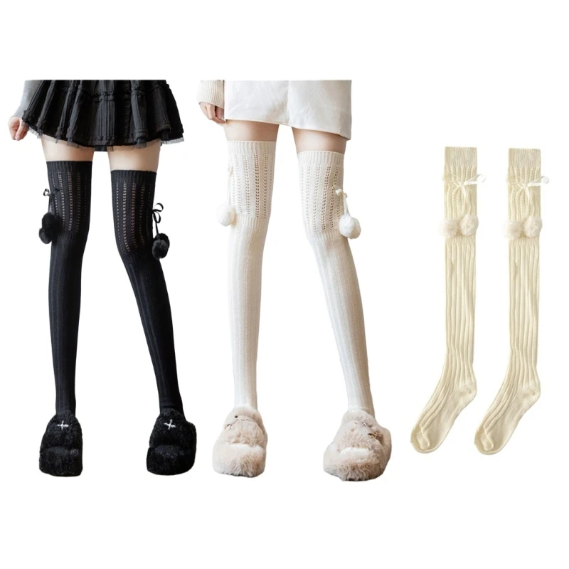 Women Autumn Winter Rib Knitted Over Knee Winter Boot Socks Plush Bowknot Striped Long Thigh Leg Warmer Stockings