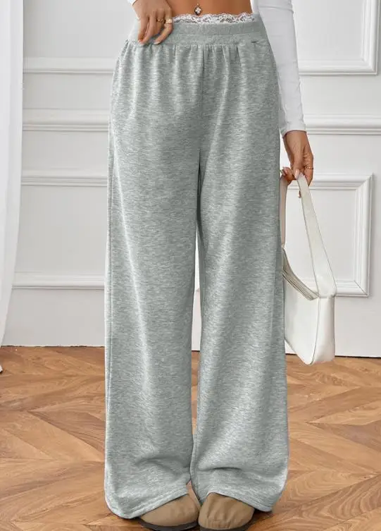 Women's Fashion Long Trousers Autumn New Female Daily Clothing Lace Splicing Fake Two Piece Casual Straight Pants for Women