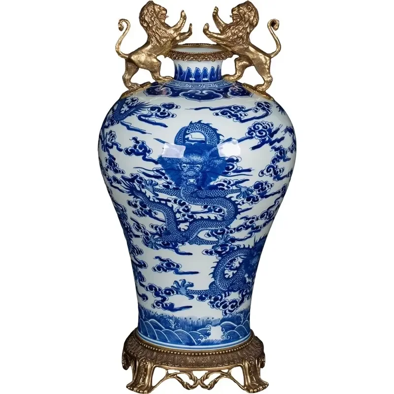 Blue and White Dragon Pattern Art Deco Tabletop Vase with Inlaid Copper Lion Plum Design Jingdezhen Porcelain Chinese Vase