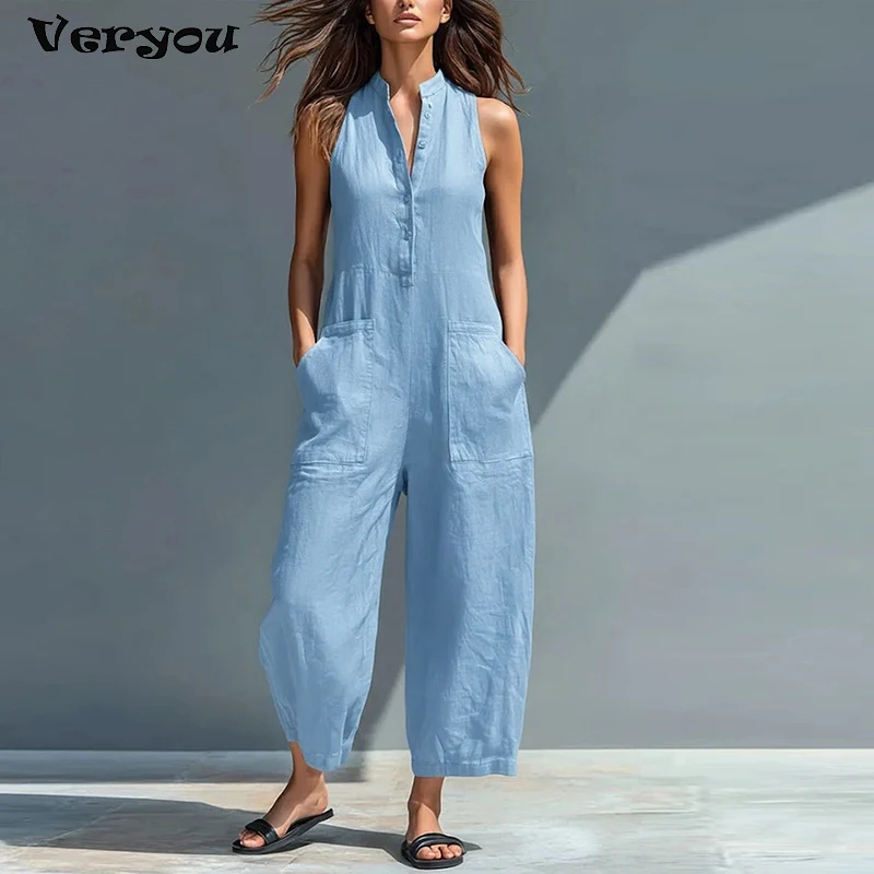 

Летний женский комбинезон без рукавов с V-образным вырезом, однотонный, с карманами, из хлопка и льна, длинные брюки, для повседневной носки