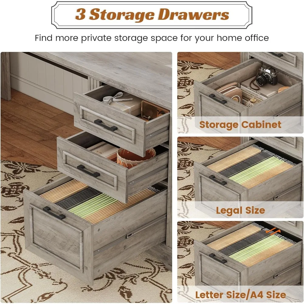 مكتب تنفيذي مع 3 أدراج، مكتب كمبيوتر مزرعة 55 مع أدراج ملفات تخزين ومخرج طاقة للمكتب المنزلي، رمادي #4