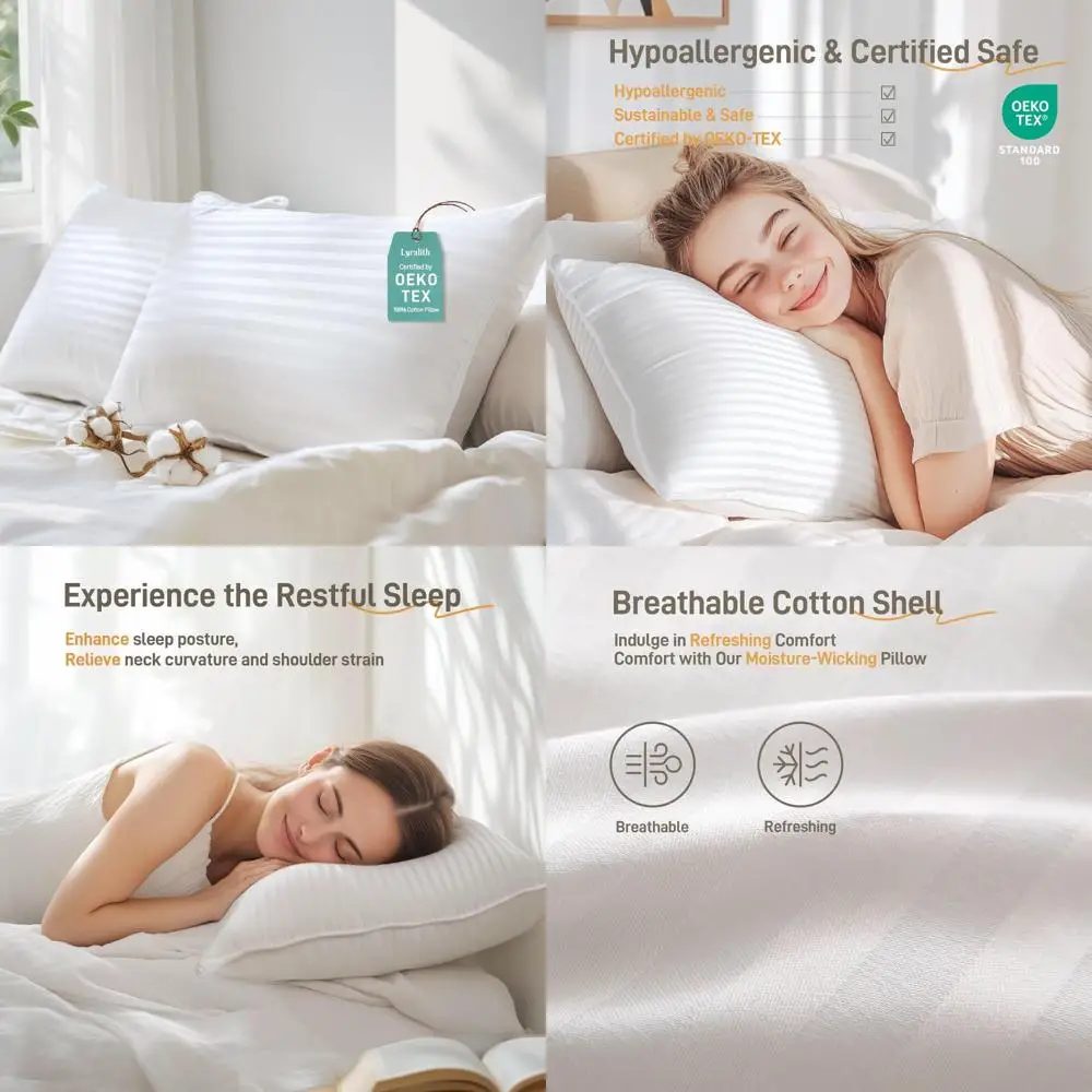 

King Size Hypoallergenic Cotton Pillows Set of 2, Soft Down Alternative, Luxury Hotel Style, Suitable for Side and Back Sleepers