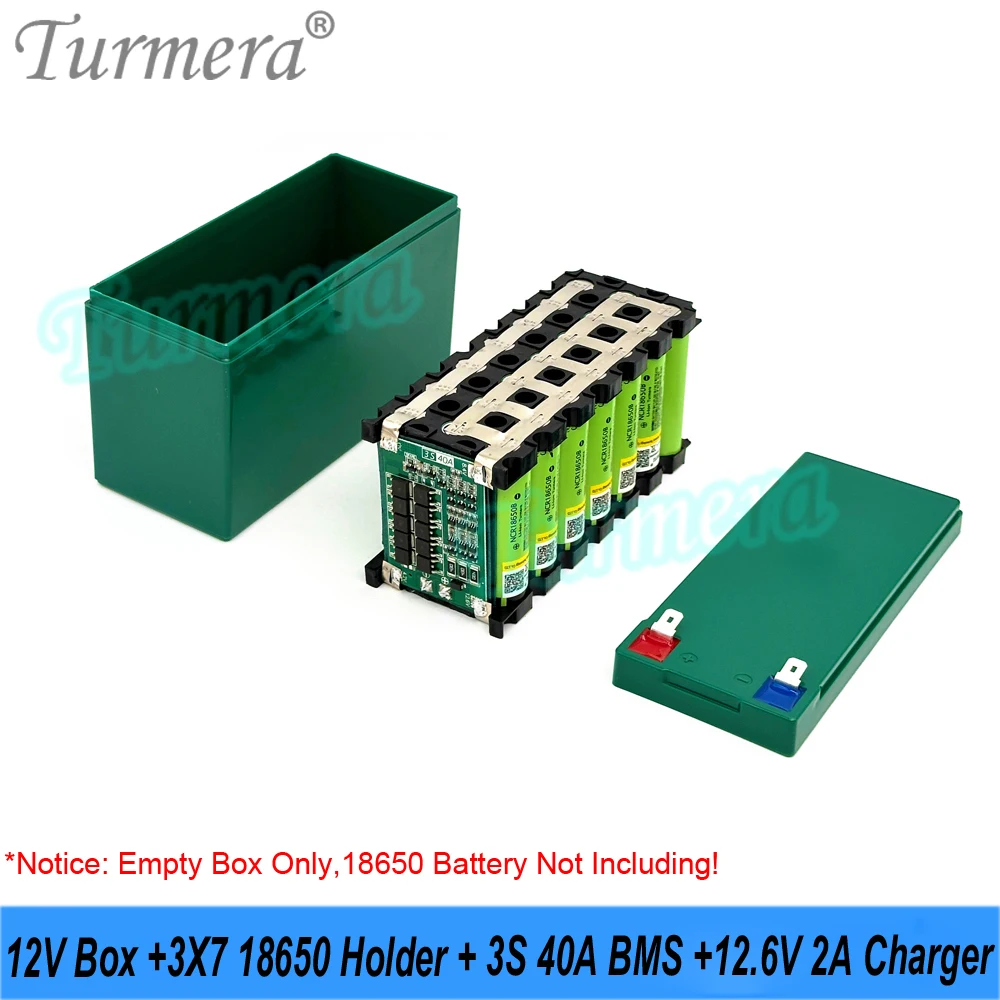 Пустая коробка для аккумулятора Turmera 12 В с зарядным устройством 2 А, держатель 3x7 18650, 3S, 40 А, баланс BMS, сварной никелью для замены свинцово-кислотных аккумуляторов 12 В