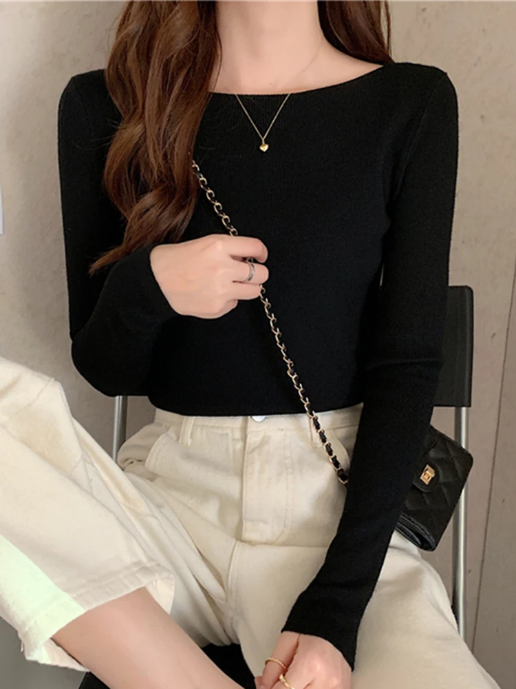 2026 Winter Frauen strickwaren Pullover Slash Neck Dünne Gestrickte Pullover chic Grund Solide Jumper Weibliche Pullover Casual Jersey Tops