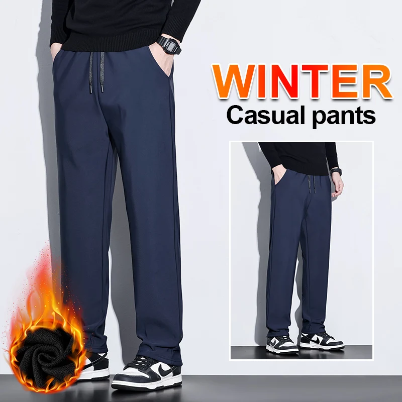 الرجال البوليستر صوف مبطن فضفاض مستقيم بنطال ذو قصة أرجل واسعة 2025 الخريف الشتاء موضة الدافئة تمتد الخصر حجم كبير 5XL
