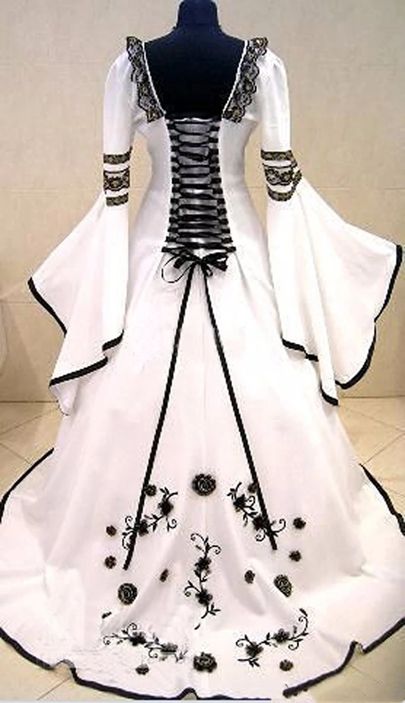 Celtic Black And White Wedding Dresses Corset Lace-Up Vintage Satin Bridal Gowns Flare Long Sleeves Women Formal Wear