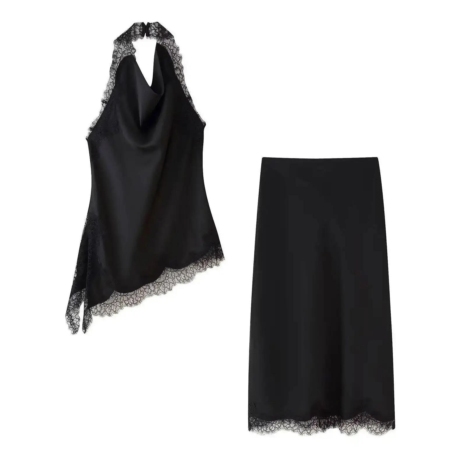 

Женский кружевной топ и юбка-бретелька, комплект из атласной текстурированной ткани, новинка 2025, модный стиль с воротником