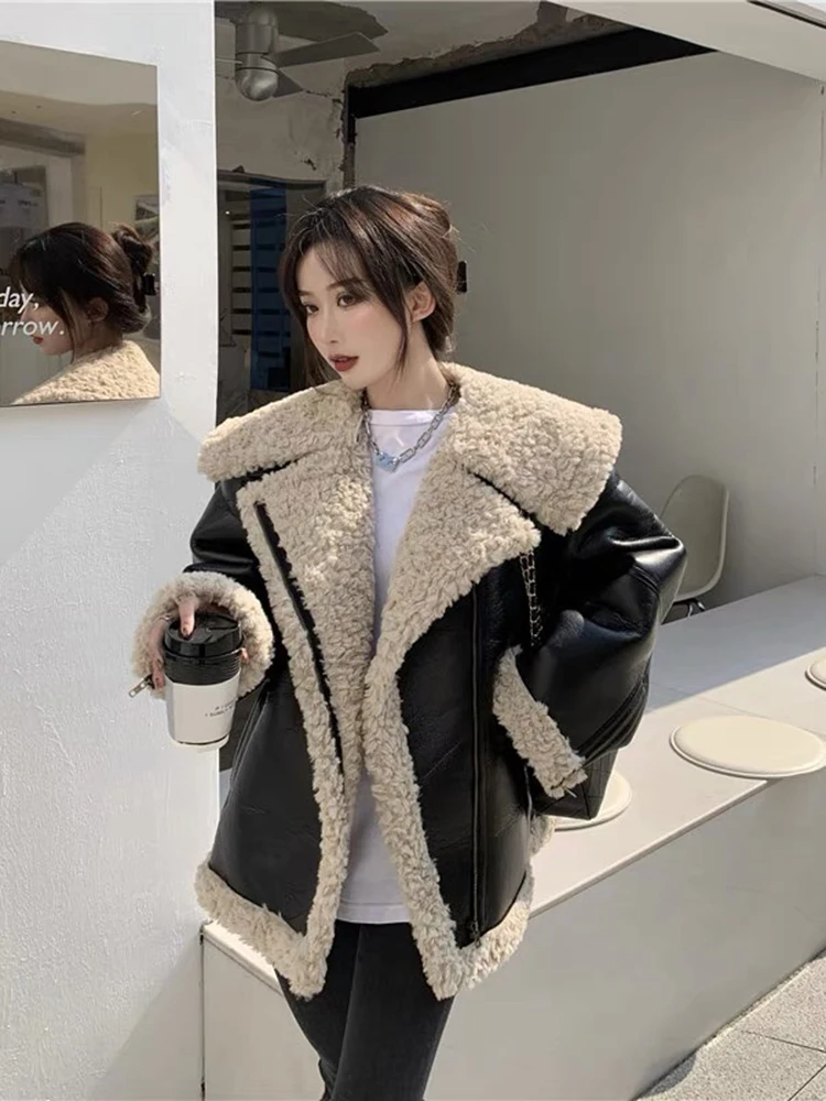 Black PU Leather One Piece Motorcycle Wear Lamb Wool Coat Women's Autumn Winter New Korean Loose Plush Coat