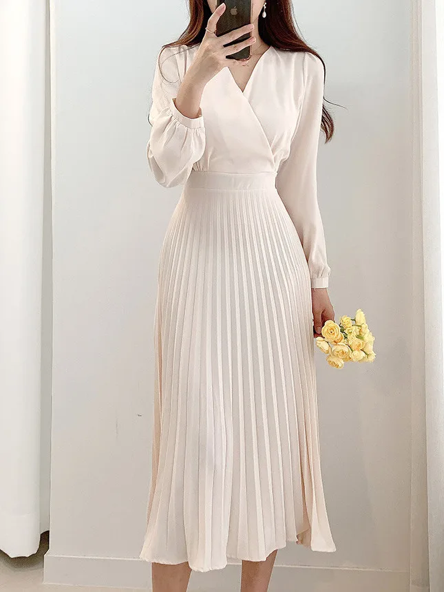 Ele Autumn Long Sve Dr Women's Soft V-Ne Waist Cinched Pleated Design Draped Dr Commute Sle Spring Autumn Wi...