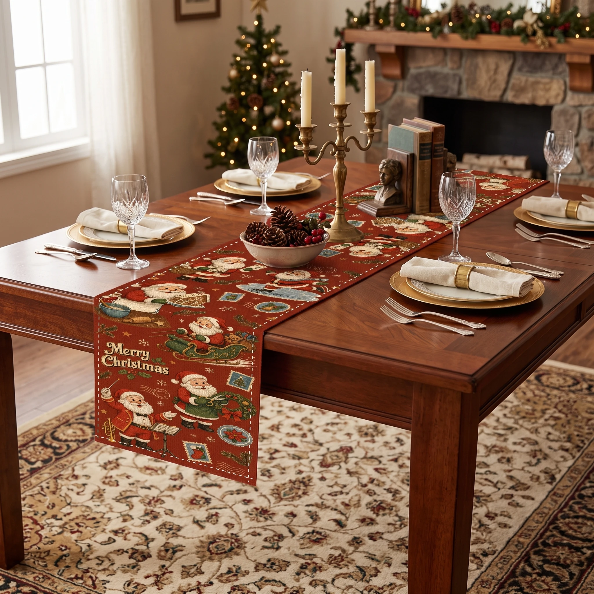 Rustic Table Runner Santa Pattern Christmas Table Runner Festive Dining Runner Vintage For Home Dining Family Gathering
