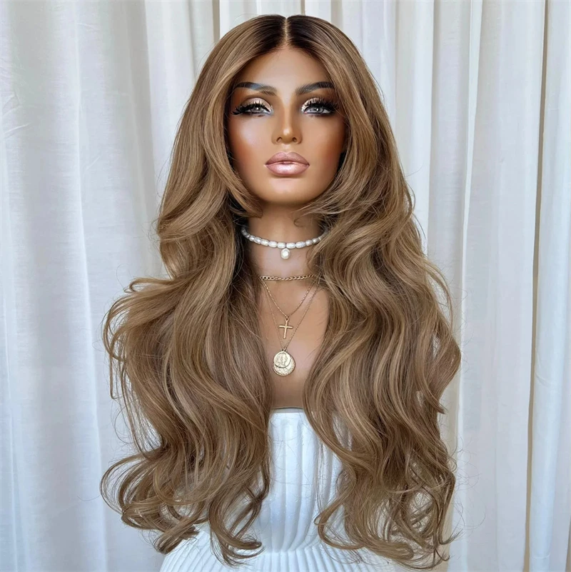 30 Inches High Quality Glueless Wigs Ombre Brown Blonde Synthetic HD Lace Front Wig Realistic Hairline with Baby Hair For Women