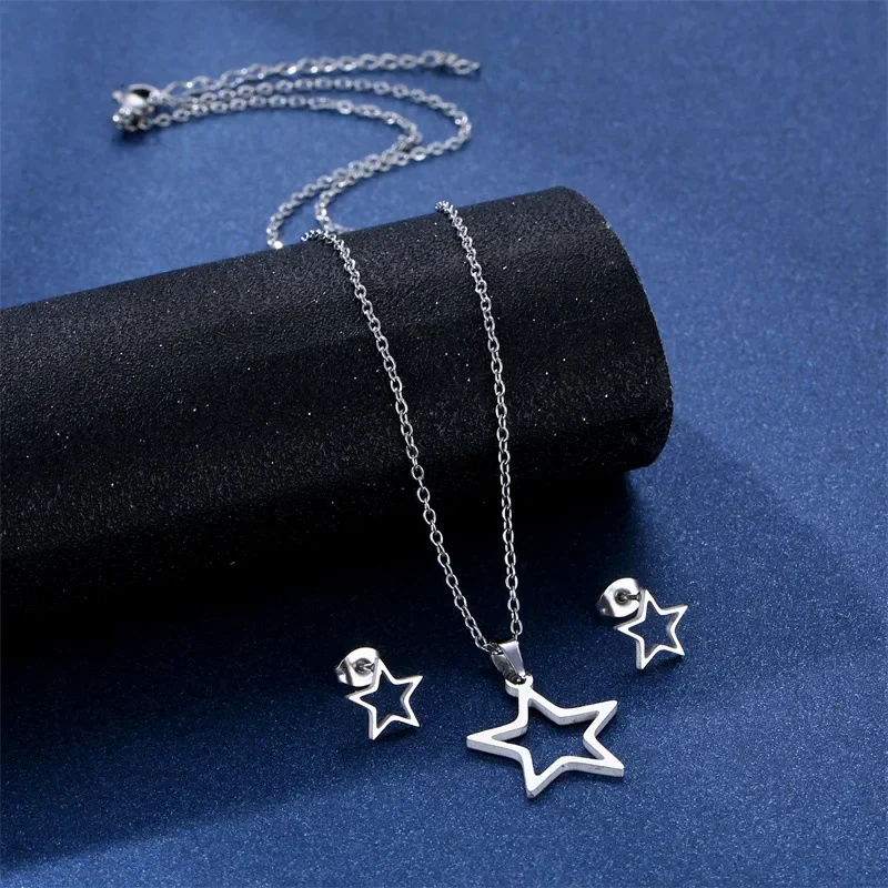 3 teile/satz Persönlichkeit fünfzackigen Stern Anhänger Halskette für Frauen Männer Temperament Edelstahl Halsband Ohrringe Schmuck-Set