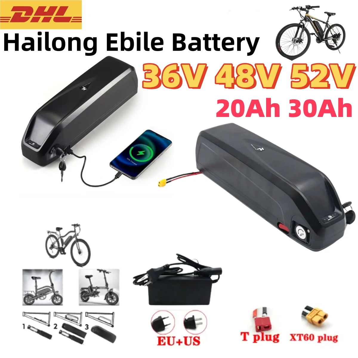 

Long Cycle Life Hailong Electric Bike Battery 36V 48V 52V 20Ah 30Ah Rechargeable Battery Pack For Bafang Ebike Conversion Kit