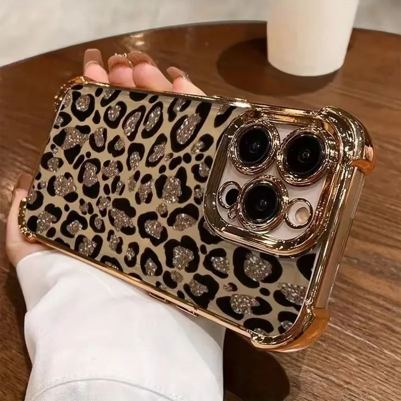 Golden Leopard Print Electroplated Case For iPhone 18 17 16 15 14 13 12 11 Pro Max Plus Air 17e 16e Four Corner Shockproof Cover