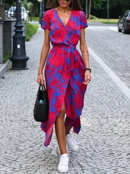 Women's Fashionable Short Sleeved Loose Comfortable Fit Casual V-neck Printed Sexy Split Dress