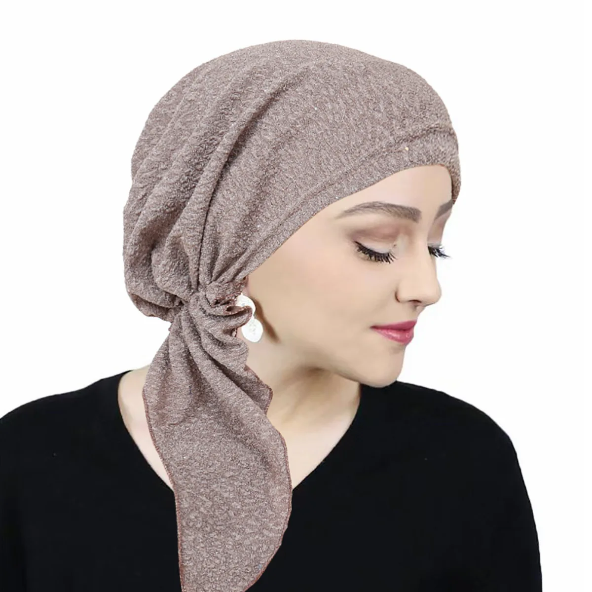 Trendy Crinkle Muslim Turban Caps Fashion Solid Color Headdress WearableSoft Elastic Long Tail Turban Bonnet