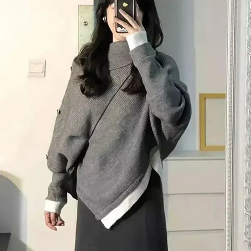 

Women Patchwork Preppy Style Sweater Grey Irregular Long Sleeve Knit Pullover Fall Winter Warm Loose Lazy Chic Harajuku Y2K Top
