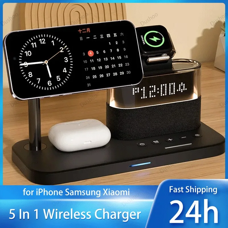 

5 in 1 Qi2 Multifunctional RGB Night Light Alarm Clock Wireless Charger Pad Stand Phone Fast Charging Station for iPhone Samsung