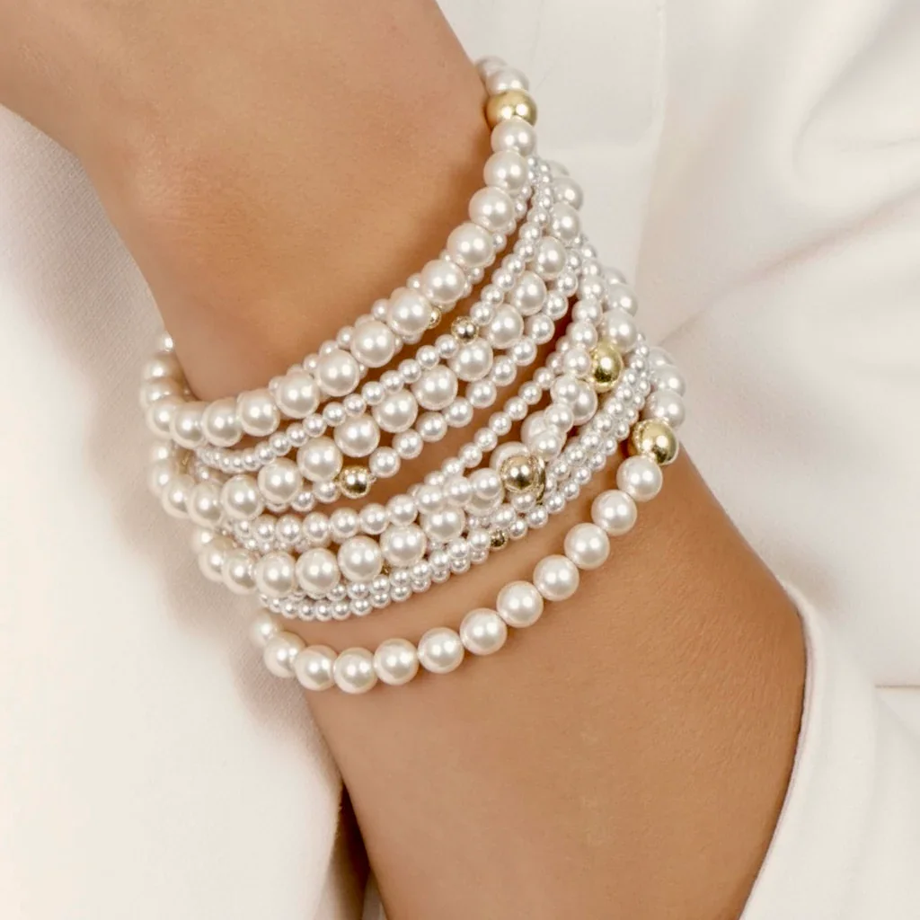 

Vlen Shell Pearl Bead Bracelet Elastic Simple Elegant Beaded Jewelry Stackable Pulseras Mujer Girls Gift