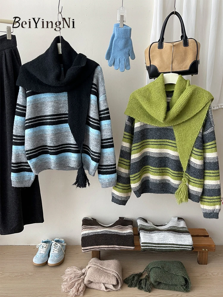 

Beiyingni Winter Fashion Korean Sweater Women Vintage Striped Casual Loose High Street O-neck Pullover Female Chic Tops + Shawl