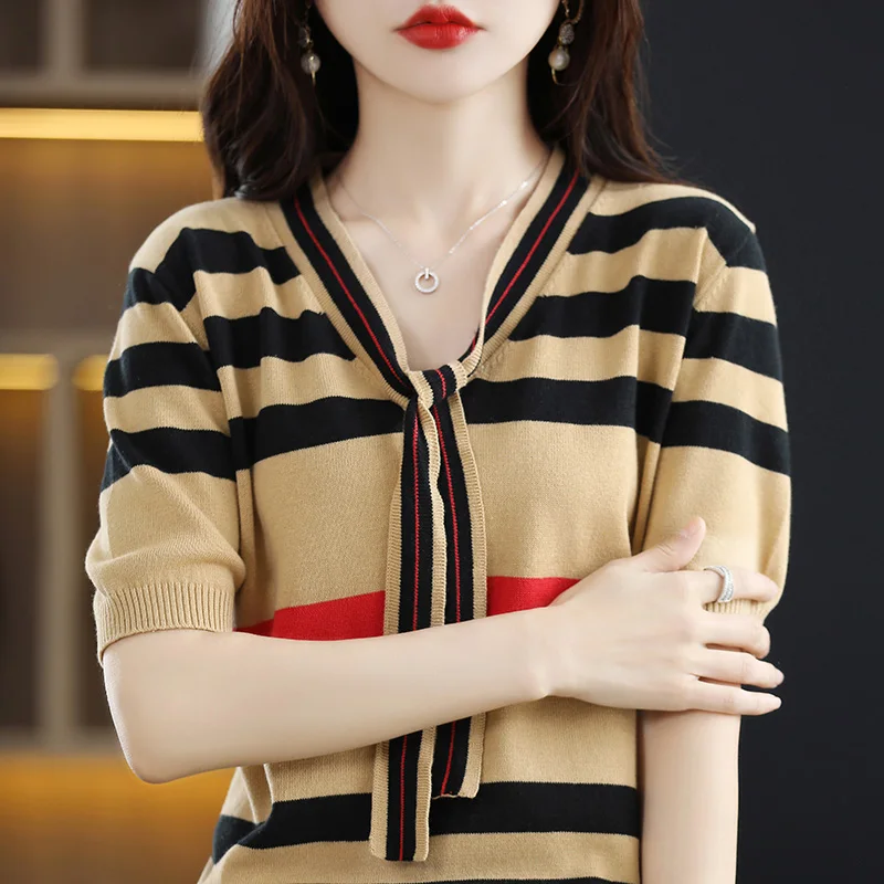 

Short sleeved women's T-shirt, pure cotton top, 2024 summer new loose striped T-shirt