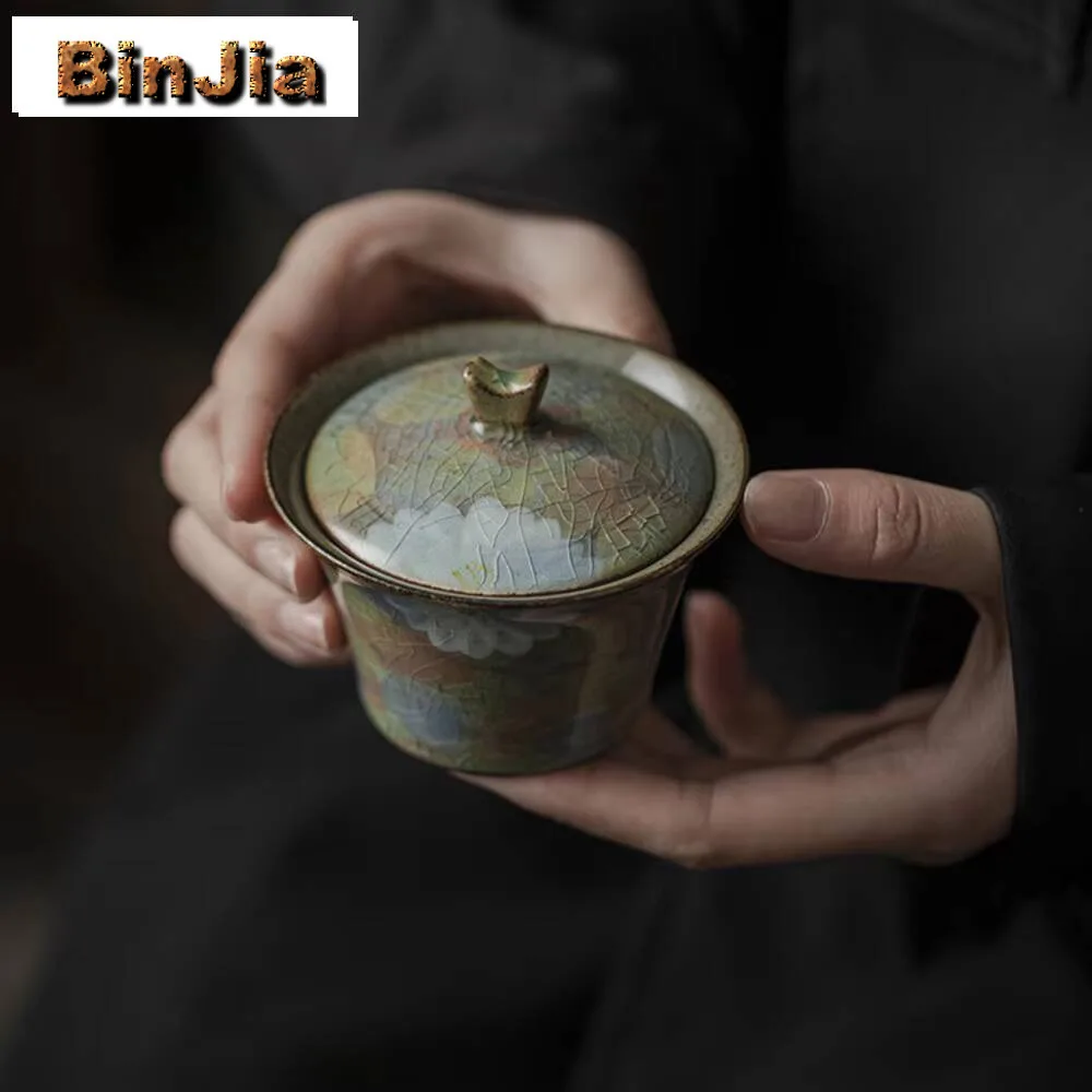 Coarse Pottery Hand-Painted Chrysanthemum Cover Bowl Handmade Anti Scald Gaiwan Retro Tea Tureen Maker Decoration Accessories
