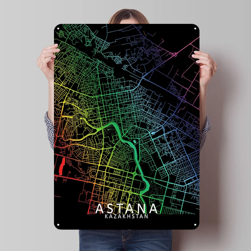 Астрана Радуга Карта города Металлический плакат Декор для ванной комнаты Металлические жестяные вывески на заказ для настенного художественного украшения Эстетический декор комнаты
